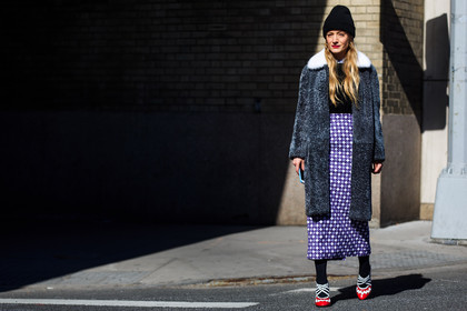 atmosphere details, AUTUMN WINTER 2016-2017, AW 16-17, black beanie, checked skirt, fashion week, frenchystyle, full length, fur coat, fur collar, FW, FW 16-17, graphic skirt, grey coat, grey fur, high heels, horizontal, jonathan paciullo, kate davidson hudson, kate foley, long hair, NEW YORK, NYFW, printed skirt, purple skirt, red shoes, street style, white fur, woman