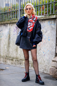 AUTUMN WINTER 2017-2018, AW 17-18, black bag, black jacket, black shoes, black skirt, bomber jacket, cartoon, FALL WINTER 2017-2018, fashion week, fishnet, frenchystyle, full length, fun sunglasses, FW, FW 17-18, jonathan paciullo, leather bag, leather shoes, leather skirt, MFW, mickey mouse, MILAN, model, printed shirt, red shirt, street style, sunglasses, vertical