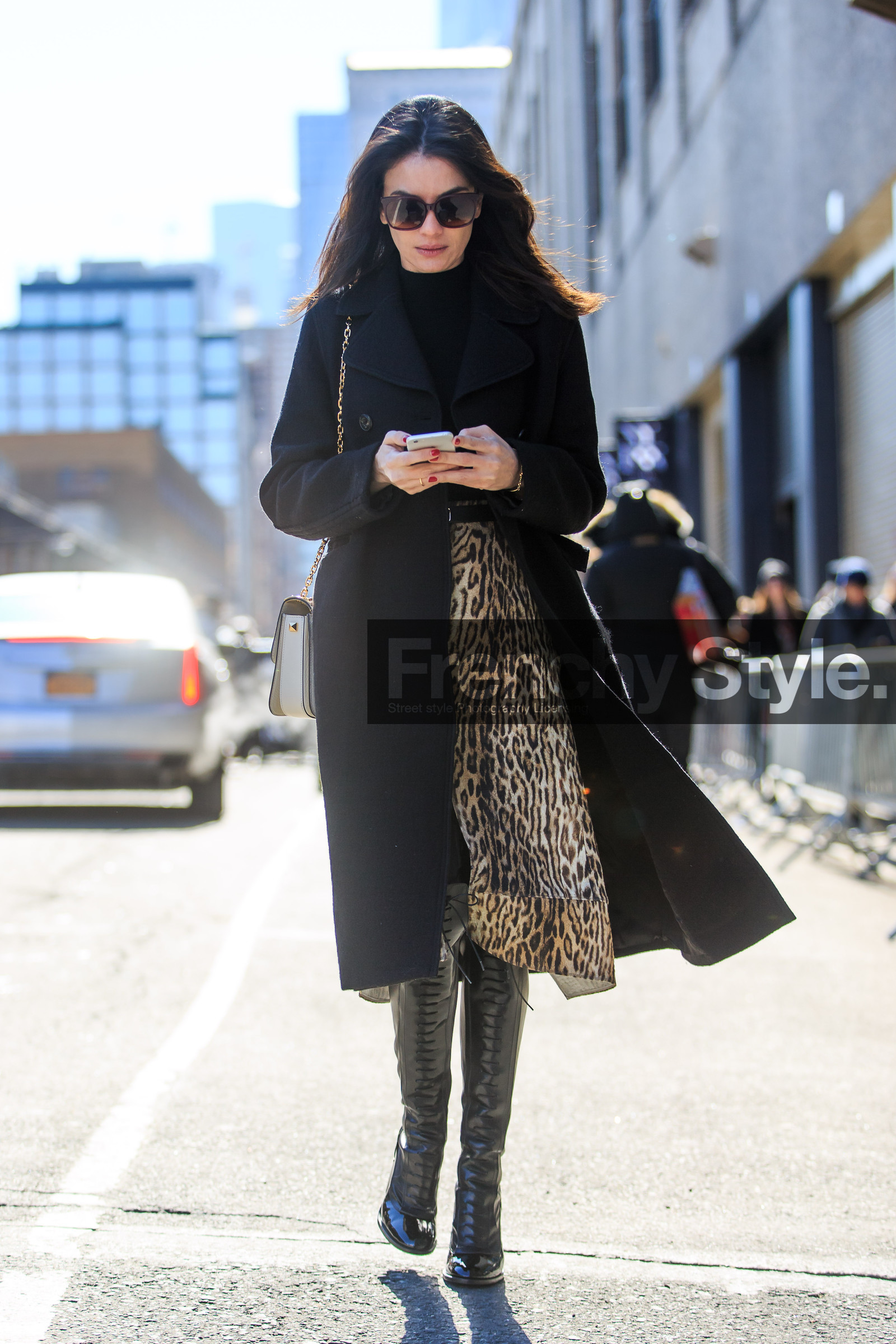animal print, AUTUMN WINTER 2016-2017, AW 16-17, black coat, black sweater, brown boots, fashion week, frenchystyle, full length, FW, FW 16-17, high boots, high heels, jonathan paciullo, leila yavari, leopard print, leopard skirt, NEW YORK, NYFW, street style, sunglasses, vertical, woman
