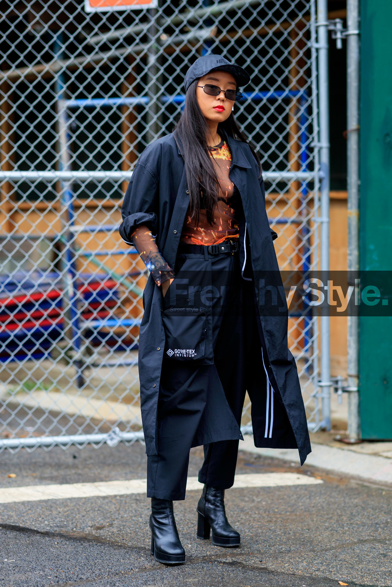 black bag, black belt, black coat, black hat, black pants, black shoes, brown top, christina paik, high heels, leather bag, leather shoes, sunglasses, tie & die, trousers, fashion week, frenchystyle, FW, jonathan paciullo, street style, NEW YORK, NYFW, SPRING SUMMER 2020, SS 20, vertical, full length