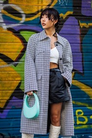 bag, black and white, black short, blue bag, boots, coperni bag, crop top, grey trenchcoat, leather boots, leather short, print, printed trenchcoat, short, tartan, trench, white boots, white crop top, Xiayan, street style, jonathan paciullo, FW, frenchystyle, fashion week, PFW, PARIS, SPRING SUMMER 2022, SS 22, vertical, atmosphere details