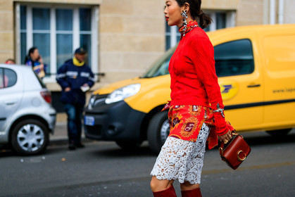 aimee song, bracelet, chloé, graphic jacket, graphic skirt, high boots, high heels, lace skirt, leather bag, leather shoes, printed jacket, printed skirt, red bag, red boots, red shirt, red sweater, white skirt, PARIS, PFW, street style, jonathan paciullo, FW, frenchystyle, fashion week, AUTUMN WINTER 2019-2020, AW 19-20, FALL WINTER 2019-2020, FW 19-20, horizontal, atmosphere details, detail