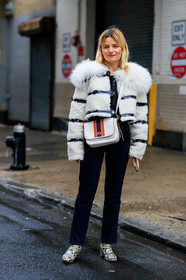 sabina socol, white coat, fur coat, striped coat, black polish coat, vinyl coat, longchamp coat, cropped coat, white leather bag, coach bag, beige leather boots, animal skin boots, striped boots, fashion week, frenchystyle, FW, jonathan paciullo, street style, NYFW, NEW YORK, AUTUMN WINTER 2020-2021, FALL WINTER 2020-2021, FW 20-21, vertical, full length