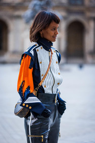 bag, black jacket, black pants, brown bag, jacket, Liya Kebede, logo print, louis vuitton bag, louis vuitton look, orange jacket, pants, patent pants, printed jacket, stripes, fashion week, frenchystyle, FW, jonathan paciullo, street style, PFW, PARIS, SPRING SUMMER 2022, SS 22, vertical, atmosphere details