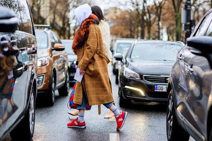 atmosphere details, AUTUMN WINTER 2017-2018, AW 17-18, beige jacket, black bag, black pants, blue bag, blue denim, brown coat, brown fur, checked coat, denim pants, FALL WINTER 2017-2018, fashion week, frenchystyle, full length, fur collar, fur jacket, FW, FW 17-18, geometric, graphic bag, graphic coat, grey sweater, hoodie, horizontal, jeans, jonathan paciullo, leather bag, leather shoes, miu miu, nude shoes, PARIS, PFW, plaid, prada, printed coat, red bag, red sneakers, reebok, street style, striped bag, trousers