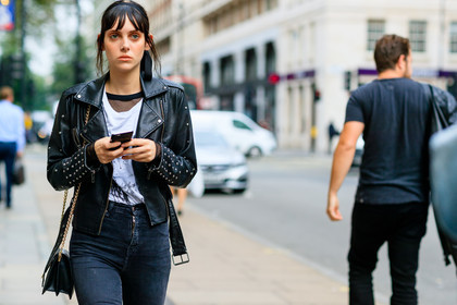 atmosphere details, black bag, black denim, black jacket, black pants, black perfecto, denim pants, detail, fashion week, fishnet, frenchystyle, FW, horizontal, jeans, jonathan paciullo, leather bag, leather jacket, leather perfecto, LFW, LONDON, model, printed t shirt, SPRING SUMMER 2017, SS 17, street style, studs, trousers, wet hair, white t shirt, woman