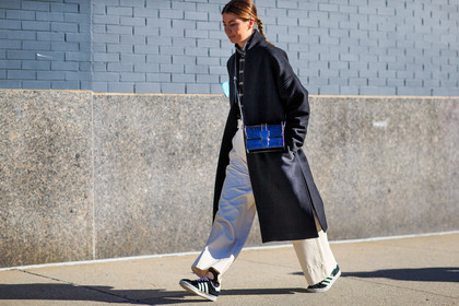 adidas, annina mislin, atmosphere details, AUTUMN WINTER 2016-2017, AW 16-17, beige, beige pants, black, black bag, black coat, black knit, black sneakers, black sweater, fashion week, frenchystyle, full length, FW, FW 16-17, high waist, horizontal, jonathan paciullo, leather bag, NEW YORK, NYFW, street style, striped sweater, suede shoes, wide pants, woman
