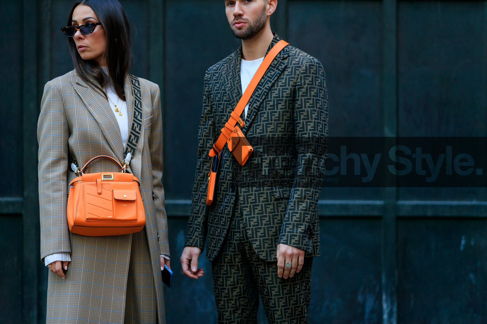 alice & j.s, beige coat, checked, fendi, graphic jacket, leather bag, orange bag, plaid, printed jacket, sunglasses, MILAN, MFW, fashion week, frenchystyle, FW, jonathan paciullo, street style, AUTUMN WINTER 2019-2020, AW 19-20, FALL WINTER 2019-2020, FW 19-20, atmosphere details, detail, horizontal