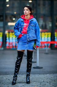 balenciaga, black boots, black shoes, blue denim, denim jacket, denim skirt, high boots, hoodie, red sweater, high heels, fashion week, frenchystyle, FW, jonathan paciullo, street style, PFW, PARIS, SPRING SUMMER 2017, SS 17, HAUTE COUTURE, vertical, full length
