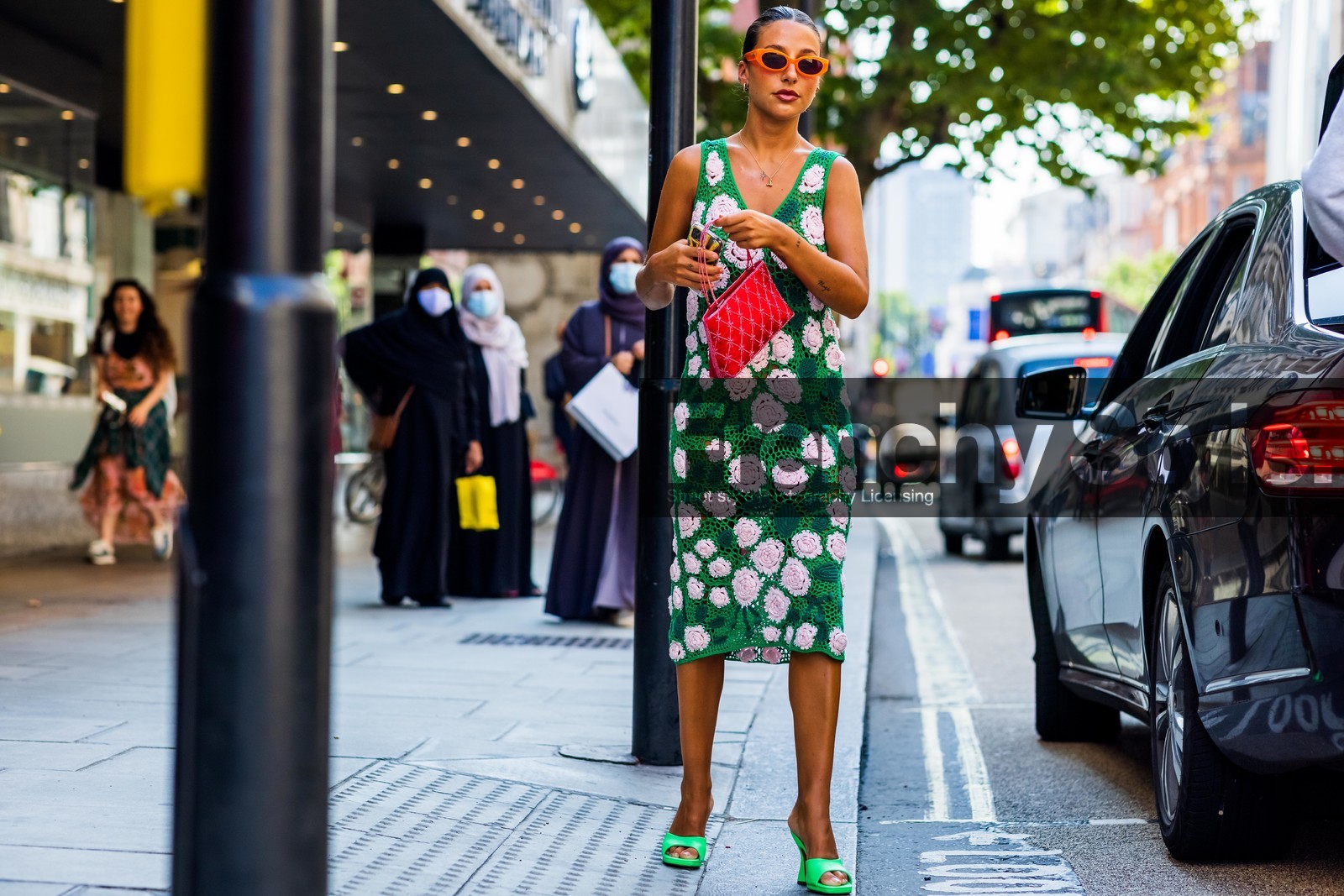 sunglasses, flower dress, flowered dress, green, red, orange, heeled sandals, print, fashion week, frenchystyle, FW, jonathan paciullo, street style, SPRING SUMMER 2022, SS 22, LFW, LONDON, horizontal, full length, atmosphere details