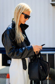 atmosphere details, black bag, black jacket, black perfecto, black sweater, detail, fashion week, frenchystyle, FW, jonathan paciullo, kate davidson hudson, leather bag, leather jacket, leather perfecto, loewe, NEW YORK, NYFW, SPRING SUMMER 2018, SS 18, street style, sunglasses, vertical, white skirt