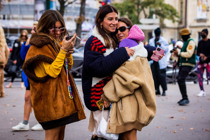 bag, beige coat, brown jacket, camel coat, camel jacket, coat, color, dress, jacket, knitted jacket, miu miu look, nude nude, oversize coat, pink sunglasses, sherling, smartphone, stripes, suedine jacket, sunglasses, wool, fashion week, frenchystyle, FW, jonathan paciullo, street style, PFW, PARIS, SPRING SUMMER 2022, SS 22, horizontal, atmosphere details