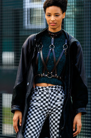 black and white, black jacket, checked, gingham, graphic pants, green sweater, harness, leather jacket, model, plaid, printed pants, trousers, PARIS, PFW, street style, jonathan paciullo, FW, frenchystyle, fashion week, AUTUMN WINTER 2019-2020, AW 19-20, FALL WINTER 2019-2020, FW 19-20, vertical, atmosphere details, detail