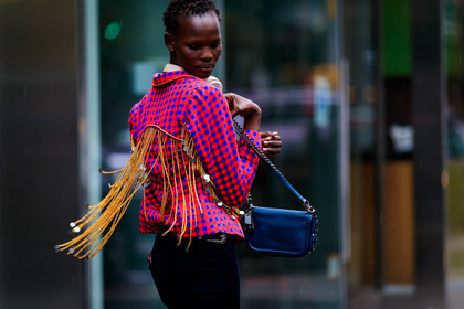black bag, black pants, checked, corduroy, fringes, graphic jacket, headphones, leather bag, model, plaid, printed jacket, red jacket, trousers, street style, jonathan paciullo, FW, frenchystyle, fashion week, NYFW, NEW YORK, SPRING SUMMER 2019, SS 19, atmosphere details, horizontal, detail