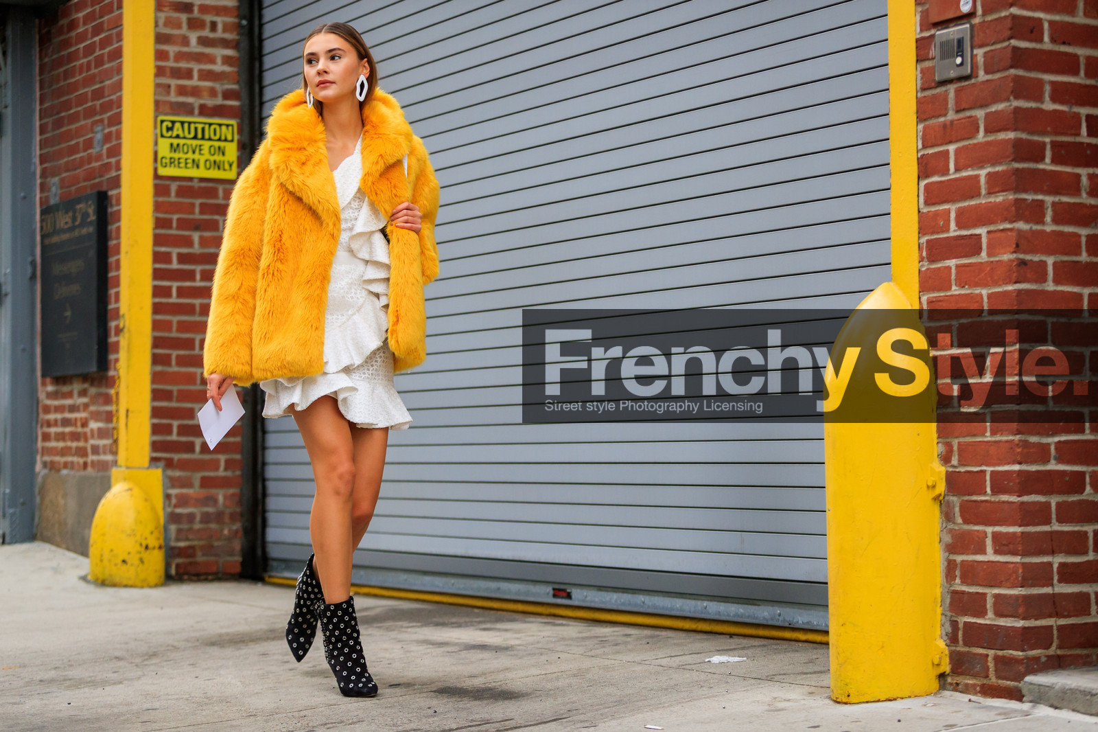 black shoes, earrings, fur jacket, high heels, leather shoes, ruffles, studs, white dress, yellow fur, yellow jacket, street style, jonathan paciullo, FW, frenchystyle, fashion week, NYFW, NEW YORK, AUTUMN WINTER 2018-2019, AW 18-19, FALL WINTER 2018-2019, FW 18-19, atmosphere details, horizontal, full length