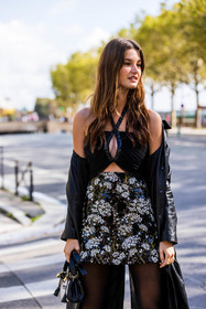 bag, black bag, black coat, black dress, coat, dress, floral print, flower, leather coat, mini skirt, Ophélie Guillermand, printed dress, fashion week, frenchystyle, FW, jonathan paciullo, street style, PFW, PARIS, SPRING SUMMER 2022, SS 22, vertical, atmosphere details