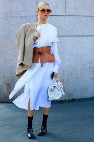 beige jacket, black shoes, blazer, brown belt, leather bag, leather belt, leather shoes, loewe, over the shoulder, sunglasses, tods, viktoria rader, white bag, white dress, MILAN, MFW, fashion week, frenchystyle, FW, jonathan paciullo, street style, AUTUMN WINTER 2019-2020, AW 19-20, FALL WINTER 2019-2020, FW 19-20, vertical, full length