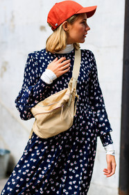 beige bag, blue dress, fanny pack, floral, flowers, graphic dress, leather bag, printed dress, red cap, fashion week, frenchystyle, FW, jonathan paciullo, street style, LFW, LONDON, SPRING SUMMER 2019, SS 19, vertical, detail, atmosphere details