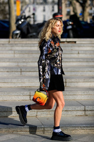 black jacket, black shoes, black skirt, chloé, courtney trop, denim jacket, graphic jacket, leather bag, leather shoes, multicolor jacket, orange bag, printed jacket, yellow bag, PARIS, PFW, street style, jonathan paciullo, FW, frenchystyle, fashion week, AUTUMN WINTER 2019-2020, AW 19-20, FALL WINTER 2019-2020, FW 19-20, vertical, full length
