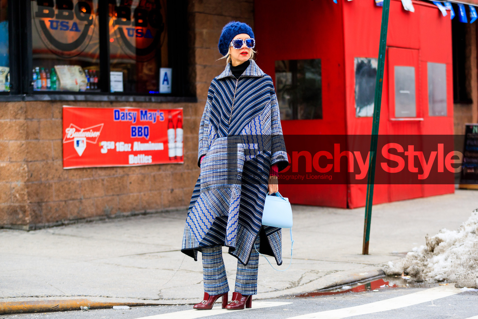 atmosphere details, AUTUMN WINTER 2017-2018, AW 17-18, blue beanie, checked pants, FALL WINTER 2017-2018, fashion week, frenchystyle, full length, FW, FW 17-18, graphic coat, grey coat, grey pants, high heels, horizontal, jonathan paciullo, leather boots, natalie joos, NEW YORK, NYFW, plaid, poncho, printed coat, printed pants, red boots, red lips, street style, striped coat, sunglasses, trousers