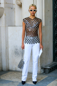 black shoes, céline, earrings, graphic top, leather bag, leather shoes, metallic bag, metallic top, paco rabanne, shiny bag, silver bag, sunglasses, trousers, vanessa hong, white pants, PARIS, PFW, street style, jonathan paciullo, FW, frenchystyle, fashion week, AUTUMN WINTER 2019-2020, AW 19-20, FALL WINTER 2019-2020, FW 19-20, vertical, full length