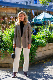 wandler bag, black leather bag, hand bag, brown checked jacket, checked jacket, black top, turtleneck top, white jeans, cropped flare jeans, cropped jeans, brown leather boots, squared toed shoes, fashion week, frenchystyle, FW, jonathan paciullo, street style, vertical, full length