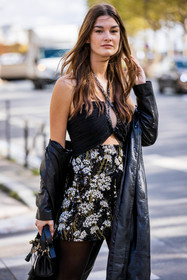 bag, black bag, black coat, black dress, coat, dress, floral print, flower, leather coat, mini skirt, Ophélie Guillermand, printed dress, fashion week, frenchystyle, FW, jonathan paciullo, street style, PFW, PARIS, SPRING SUMMER 2022, SS 22, vertical, atmosphere details
