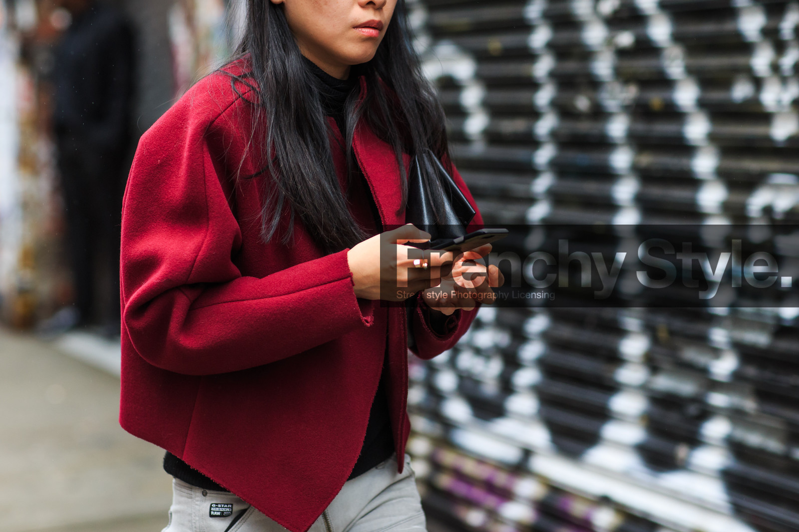 atmosphere details, AUTUMN WINTER 2016-2017, AW 16-17, denim pants, detail, fashion week, frenchystyle, FW, FW 16-17, g star, horizontal, jeans, jonathan paciullo, NEW YORK, NYFW, red jacket, street style, white denim, woman, wool jacket