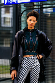 black and white, black jacket, checked, gingham, graphic pants, green sweater, harness, leather jacket, model, plaid, printed pants, trousers, PARIS, PFW, street style, jonathan paciullo, FW, frenchystyle, fashion week, AUTUMN WINTER 2019-2020, AW 19-20, FALL WINTER 2019-2020, FW 19-20, vertical, atmosphere details, detail