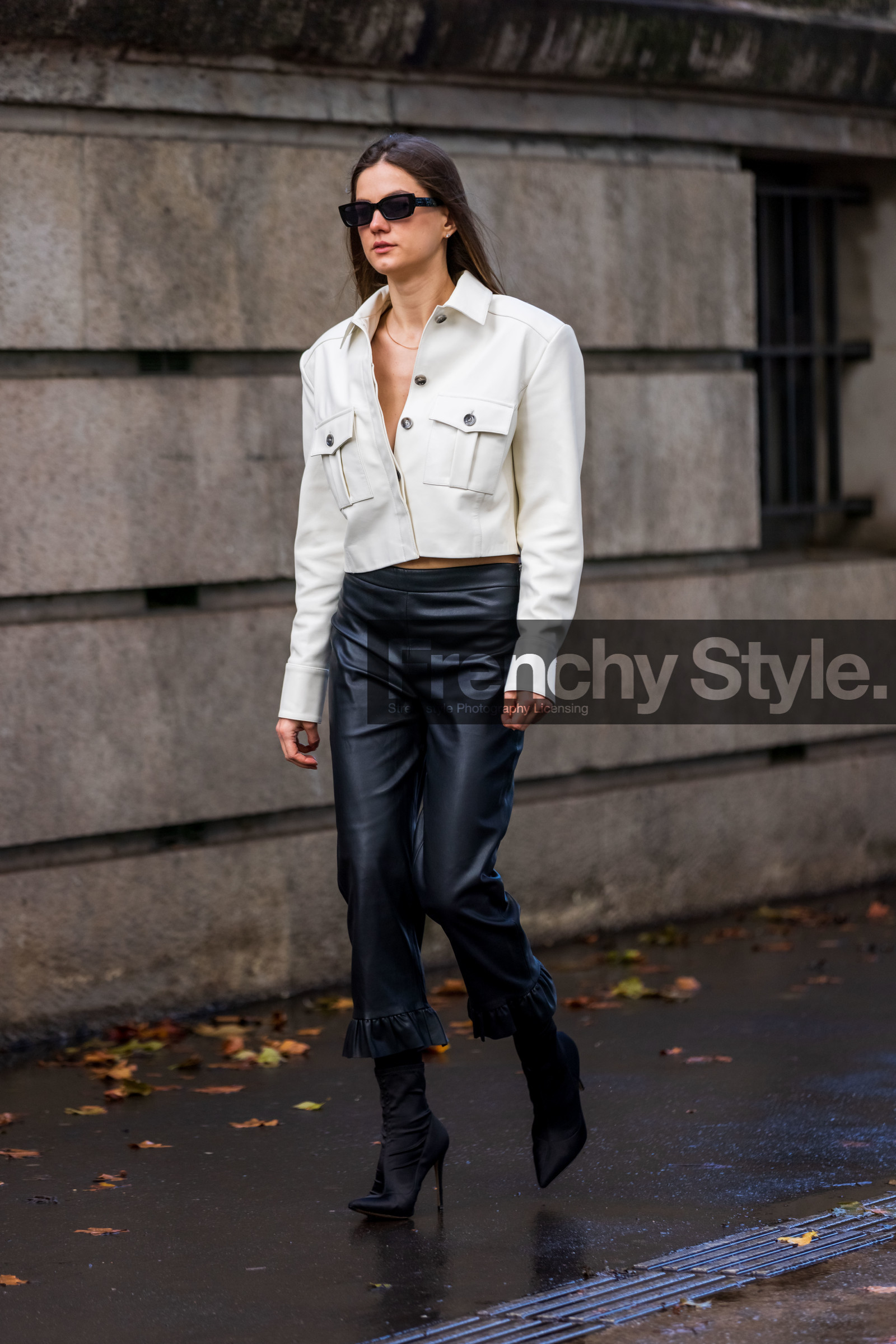 black boots, black pants, black sunglasses, boots, jacket, leather jacket, leather pants, pants, ruffles, sunglasses, white jacket, fashion week, frenchystyle, FW, jonathan paciullo, street style, PFW, PARIS, SPRING SUMMER 2022, SS 22, vertical, full length