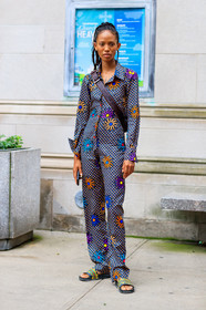 black sandals, checked, floral, flowers, graphic jumpsuit, graphic pants, leather shoes, plaid, printed jumpsuit, printed pants, trousers, model, fashion week, frenchystyle, FW, jonathan paciullo, street style, NYFW, NEW YORK, SPRING SUMMER 2019, SS 19, vertical, full length