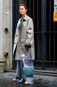 blue bag, céline, graphic bag, grey coat, grey pants, high heels, leather bag, leather shoes, printed bag, transparent bag, trousers, wide pants, fashion week, frenchystyle, FW, jonathan paciullo, street style, MFW, MILAN, AUTUMN WINTER 2018-2019, FALL WINTER 2018-2019, FW 18-19, vertical, full length, sylvia haghjoo