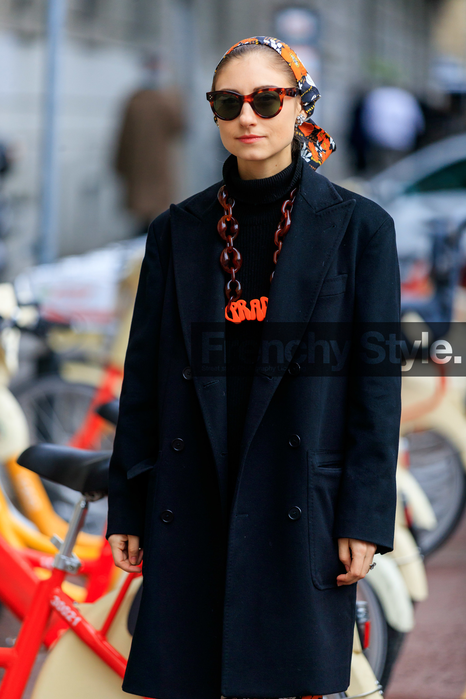 black jacket, black turtleneck, floral, flowers, headscarf, jenny walton, necklace, prada, sunglasses, MILAN, MFW, fashion week, frenchystyle, FW, jonathan paciullo, street style, AUTUMN WINTER 2019-2020, AW 19-20, FALL WINTER 2019-2020, FW 19-20, vertical, atmosphere details, detail