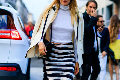 ada kokosar, atmosphere details, black and white, black bag, blazer, detail, fashion week, frenchystyle, FW, geometric, graphic skirt, horizontal, jonathan paciullo, leather bag, MFW, MILAN, printed skirt, SPRING SUMMER 2017, SS 17, street style, striped skirt, stripes, turtleneck sweater, white jacket, white sweater