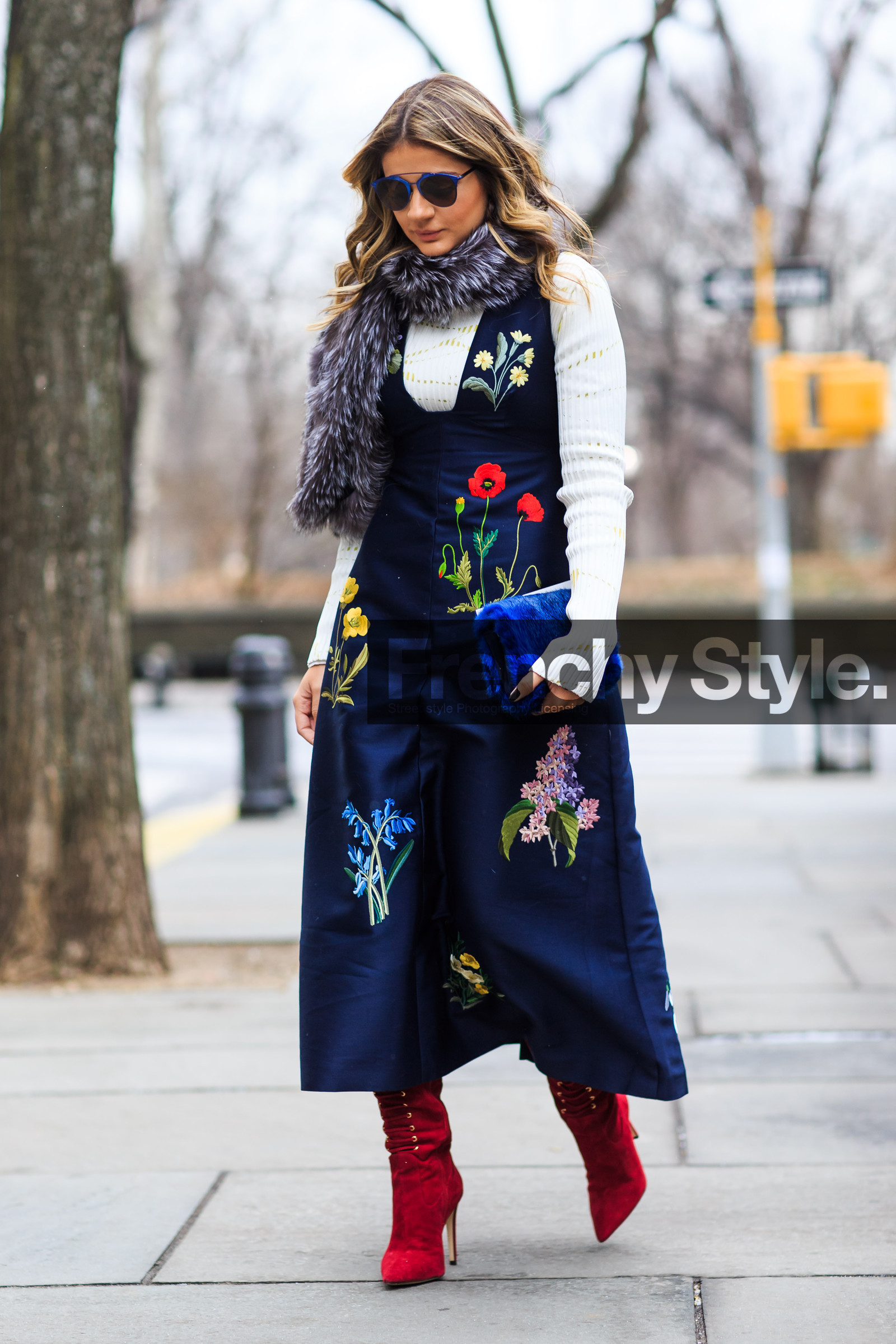 AUTUMN WINTER 2016-2017, AW 16-17, blue bag, blue jumpsuit, embroidered jumpsuit, fashion week, floral, flower, frenchystyle, full length, fur bag, fur scarf, FW, FW 16-17, grey fur, grey scarf, high boots, high heels, jonathan paciullo, navy jumpsuit, NEW YORK, NYFW, printed jumpsuit, red boots, street style, suede shoes, sunglasses, thassia naves, vertical, white sweater, woman
