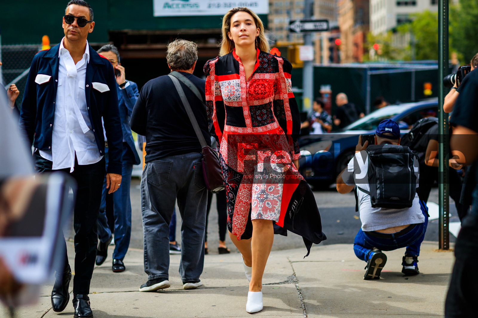 graphic dress, leather shoes, patchwork, printed dress, red dress, white shoes, street style, jonathan paciullo, FW, frenchystyle, fashion week, NYFW, NEW YORK, SPRING SUMMER 2019, SS 19, atmosphere details, horizontal, full length