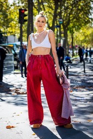 bag, bra, Elena Perminova, large pants, leather bag, miu miu bag, oversize pants, pants, quilted pants, red pants, ribbed bra, white bag, white bra, fashion week, frenchystyle, FW, jonathan paciullo, street style, PFW, PARIS, SPRING SUMMER 2022, SS 22, vertical, full length