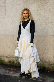 black shoes, black sweater, courtney trop, leather bag, leather shoes, marine serre, ruffles, white bag, white dress, fashion week, frenchystyle, FW, jonathan paciullo, street style, PFW, PARIS, AUTUMN WINTER 2019-2020, AW 19-20, FALL WINTER 2019-2020, FW 19-20, vertical, full length