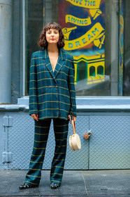 beige bag, checked, graphic jacket, graphic pants, graphic suit, green jacket, green pants, green suit, leather bag, leather shoes, plaid, printed jacket, printed pants, printed suit, striped suit, trousers, fashion week, frenchystyle, FW, jonathan paciullo, street style, NYFW, NEW YORK, SPRING SUMMER 2019, SS 19, vertical, full length