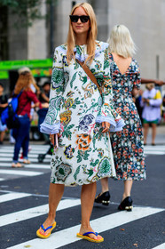 flip flops, floral, flowers, graphic dress, leather shoes, printed dress, sunglasses, white dress, fashion week, frenchystyle, FW, jonathan paciullo, street style, NYFW, NEW YORK, SPRING SUMMER 2019, SS 19, vertical, full length