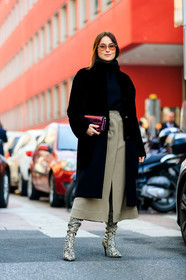 alena nurgaleeva, animal print, beige boots, beige skirt, black coat, black sweater, high boots, high heels, leather bag, leather shoes, lena lademann, pink bag, shiny bag, snake print, sunglasses, MILAN, MFW, fashion week, frenchystyle, FW, jonathan paciullo, street style, AUTUMN WINTER 2019-2020, AW 19-20, FALL WINTER 2019-2020, FW 19-20, vertical, full length