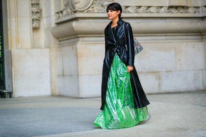 black coat, graphic bag, green dress, leather bag, leather coat, maria bernad, metallic bag, paco rabanne, printed bag, shiny bag, silver bag, trench coat, velvet, PARIS, PFW, street style, jonathan paciullo, FW, frenchystyle, fashion week, AUTUMN WINTER 2019-2020, AW 19-20, FALL WINTER 2019-2020, FW 19-20, horizontal, atmosphere details, full length
