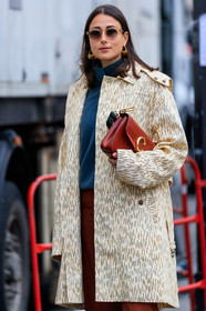 beige coat, blue sweater, brown pants, chloé, earrings, graphic jacket, julia haghjoo, leather bag, printed jacket, red bag, sunglasses, trousers, PARIS, PFW, street style, jonathan paciullo, FW, frenchystyle, fashion week, AUTUMN WINTER 2019-2020, AW 19-20, FALL WINTER 2019-2020, FW 19-20, vertical, atmosphere details, detail