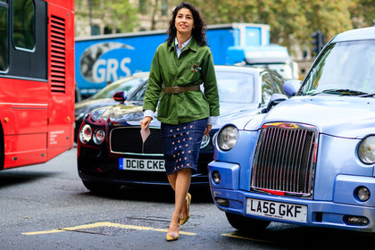 atmosphere details, blue denim, caroline issa, denim skirt, embroidered skirt, fashion week, frenchystyle, full length, FW, green belt, green jacket, horizontal, jonathan paciullo, leather belt, leather shoes, LFW, LONDON, pins, SPRING SUMMER 2017, SS 17, street style, woman, yellow sandals