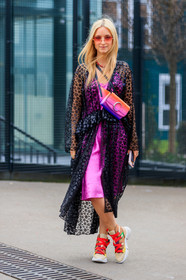 beige shoes, black dress, Charlotte Groeneveld, chloé, graphic bag, graphic dress, graphic jacket, leather bag, leather shoes, pink bag, pink dress, printed bag, printed dress, printed jacket, purple bag, ruffles, see through, sunglasses, PARIS, PFW, street style, jonathan paciullo, FW, frenchystyle, fashion week, AUTUMN WINTER 2019-2020, AW 19-20, FALL WINTER 2019-2020, FW 19-20, vertical, full length