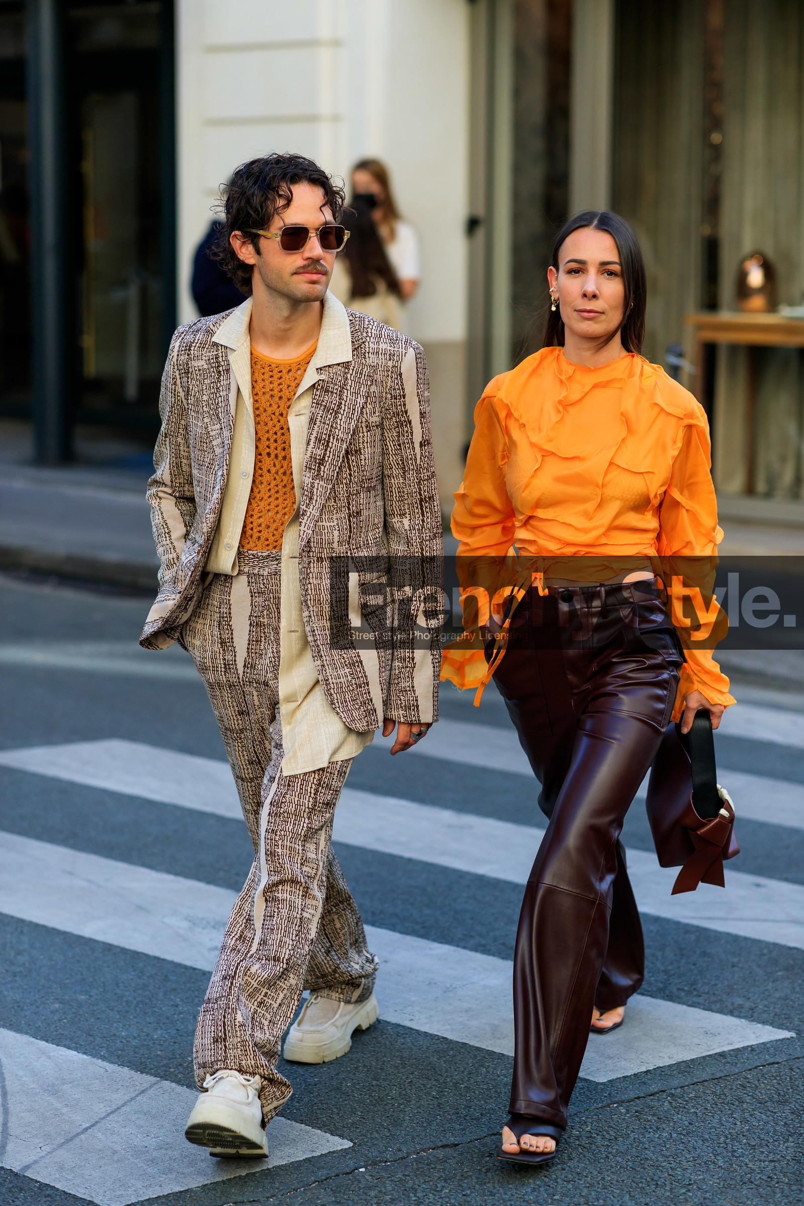 orange blouse, drape blouse, cropped blouse, silk blouse, burgundy leather pants, burgundy leather bag, flare pants, acne studios bag, acne studios look, acne studios pants, acne studios blouse, hand bag, alice barbier, acne studios jacket, acne studios look, orange top, fishnet top, monogrammed jacket, monogrammed pants, monogrammed look, beige jacket, beige pants, beige suits, printed jacket, printed pants, logo all over, logo printed jacket, logo printed pants, aviator sunglasses, sheer sunglasses, beige shoes, beige suede shoes, big sole derbies, big sole shoes, beige derbies, beige suede derbies, JS roques, fashion week, frenchystyle, FW, jonathan paciullo, street style, PFW, PARIS, SPRING SUMMER 2022, SS 22, vertical, full length