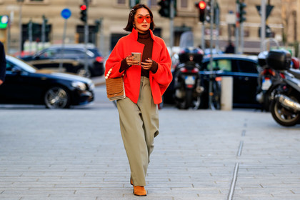 brown sweater, camel bag, camel boots, grey pants, hair clip, leather bag, leather shoes, red jacket, red sweater, sunglasses, trousers, fashion week, frenchystyle, FW, jonathan paciullo, street style, MFW, MILAN, AUTUMN WINTER 2019-2020, AW 19-20, FALL WINTER 2019-2020, FW 19-20, atmosphere details, full length, horizontal