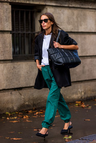 bag, black bag, black blazer, black heels, black sunglasses, blazer, Chloé Harrouche, green pants, heels, leather bag, oversize bag, pants, quilted bag, sunglasses, t-shirt, tote bag, track pants, white t-shirt, lacoste, fashion week, frenchystyle, FW, jonathan paciullo, street style, PFW, PARIS, SPRING SUMMER 2022, SS 22, vertical, full length