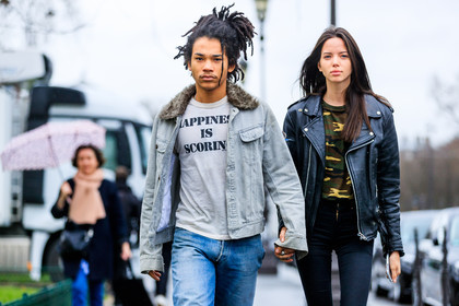 atmosphere details, AUTUMN WINTER 2017-2018, AW 17-18, black denim, black jacket, black perfecto, blue denim, camouflage, denim jacket, denim pants, detail, FALL WINTER 2017-2018, fashion week, frenchystyle, fur collar, FW, FW 17-18, green top, horizontal, jeans, jonathan paciullo, leather jacket, leather perfecto, luka sabbat, PARIS, PFW, printed top, street style, trousers, white t shirt