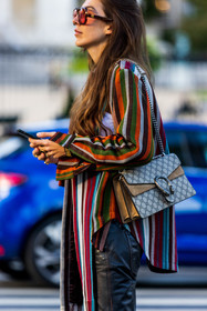 asymetrical shirt, beige bag, color, Estelle Chemouny, gucci bag, leather pants, multicolor, pants, print, printed bag, ring, shirt, striped shirt, stripes, sunglasses, tortoise sunglasses, fashion week, frenchystyle, FW, jonathan paciullo, street style, PFW, PARIS, SPRING SUMMER 2022, SS 22, vertical, atmosphere details